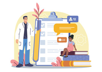 A male doctor stands next to a large checklist clipboard, while a young girl sits on stacked books, surrounded by chat icons, on a light abstract background. Vector illustration