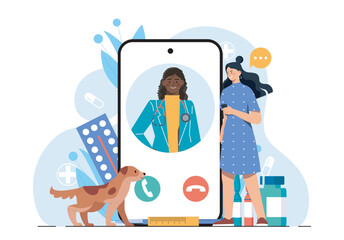 Woman consulting a veterinarian online through smartphone, flat cartoon style, white background with medical symbols, concept of virtual pet care. Vector illustration
