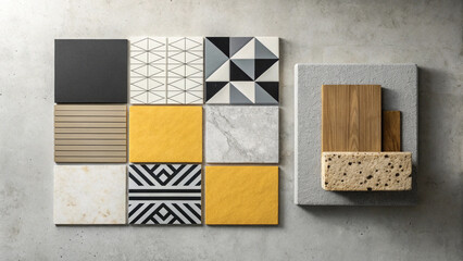 Minimalist kraft paper collage design with geometric shapes and natural stone textures on neutral background