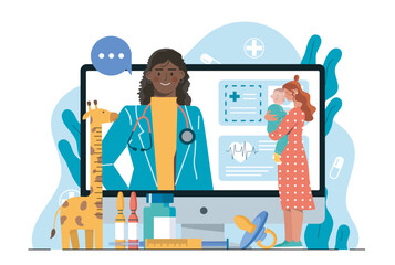 A mother holding her baby consults a pediatrician via online video call, with medical icons and baby accessories on a white background. Healthcare concept. Vector illustration