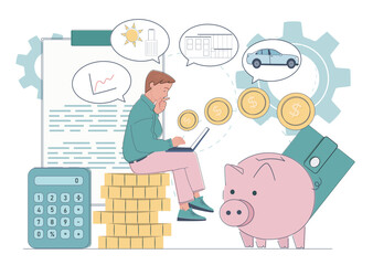 Man sitting on coin stacks using laptop, thinking about investments like house, car, and travel, with piggy bank and calculator on white background. Vector illustration