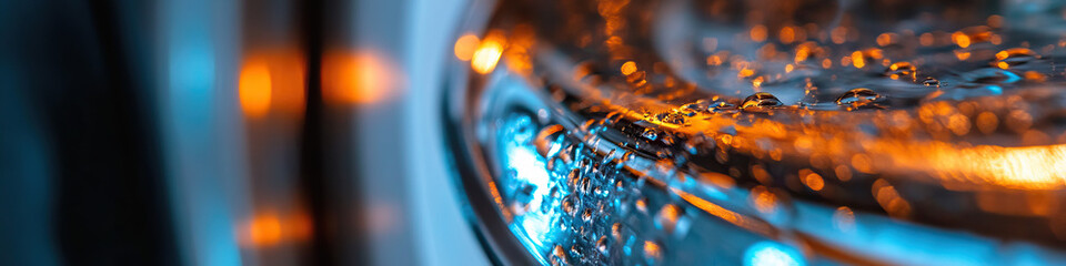 Water Droplets on Glass Surface with Orange and Blue Lighting