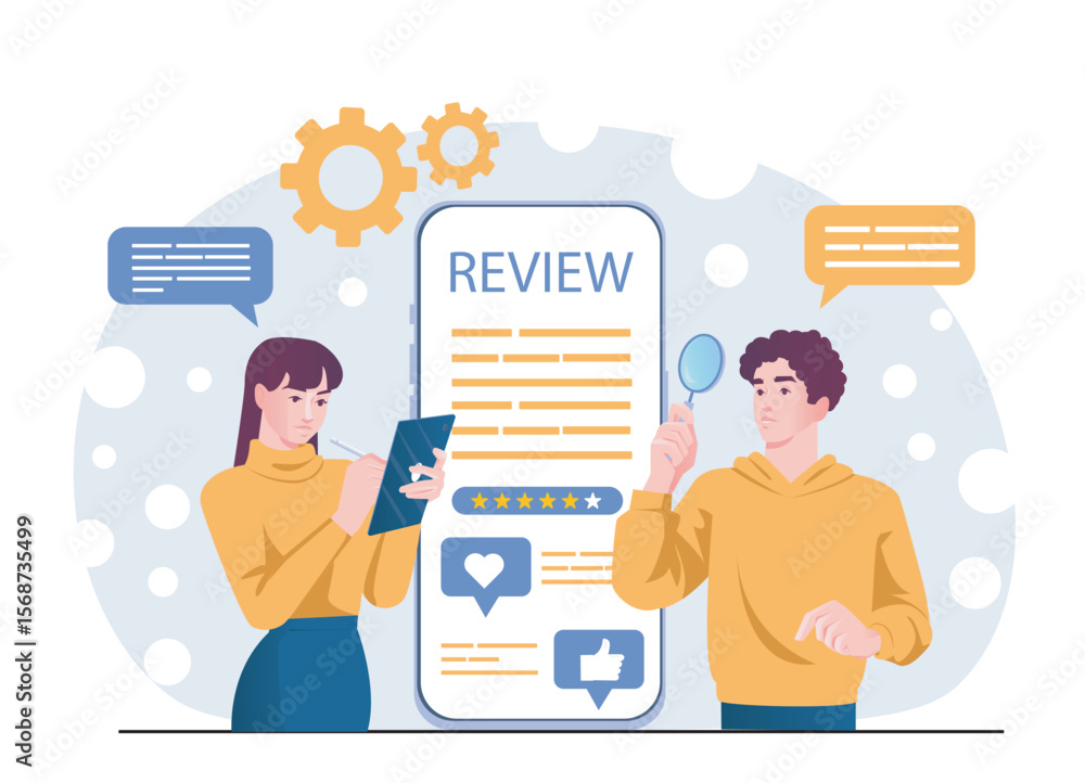 Poster two people analyzing customer feedback and reviews on a large mobile interface, flat style, with gea