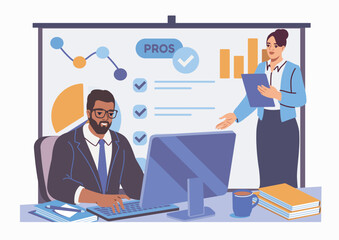 Businessman working on desktop while businesswoman presents charts and checklist on screen, flat design style, office background. Concept of teamwork. Vector illustration