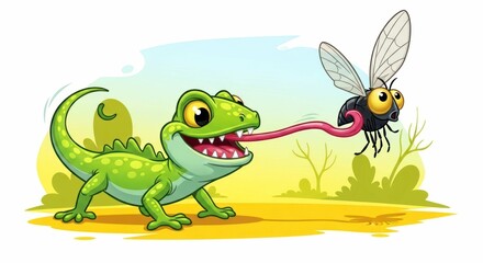Naklejka premium Cartoon lizard catching a fly with its tongue in outdoor setting