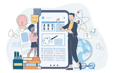 Teacher and child interact with educational content on a large screen, surrounded by books, brain, globe, science and emotion icons on abstract blue background. Vector illustration
