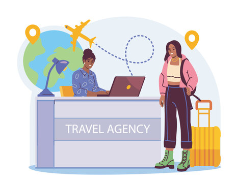 Female travel agent helps young woman with suitcase at travel agency counter, cartoon style, white background, concept of vacation planning. Vector illustration
