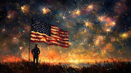 Soldier watches fireworks display, flag, night sky