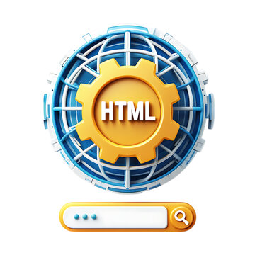 A futuristic 3D icon shows a global network sphere with an HTML gear, illustrating modern web development, code, and search.