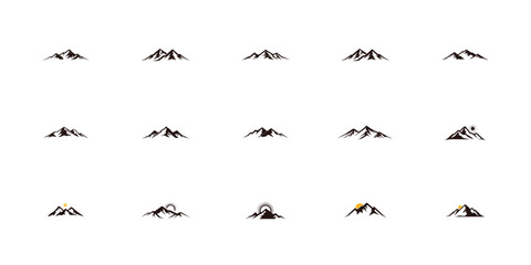 Vector mountain silhouette pack with high elevation outlines, trekking scenery, outdoor landscape elements, forest and hill shapes, wild nature theme

