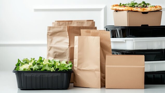 Stacked takeaway food containers & paper bags.
