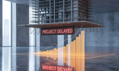 Building under construction, delayed project neon sign, graph rising, modern interior, reflecting, illustrating delays
