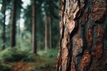 Obraz premium Close-up of rough pine tree bark, blurred forest background