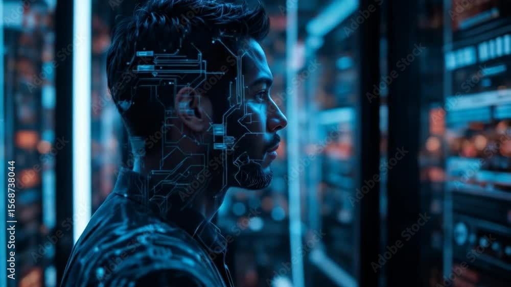 Poster digital network communication of a man with circuit overlay. 4k video