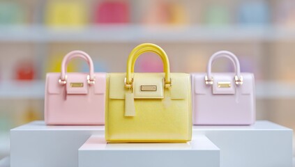 Fototapeta premium Three pastel-colored handbags on white display stands in a store