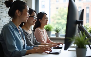 Wide angle view of happy Asian women co-workers in office workplace including person with blindness disability using computer with refreshable braille display assistive device. Disability inclusion.