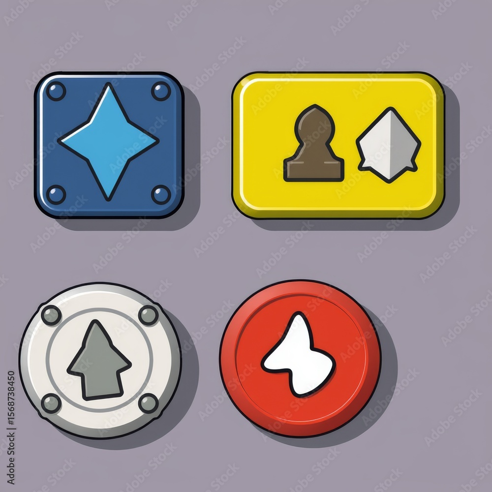 Aufkleber a cartoon illustration of four assorted buttons with different shapes and colors on a gray backgroun