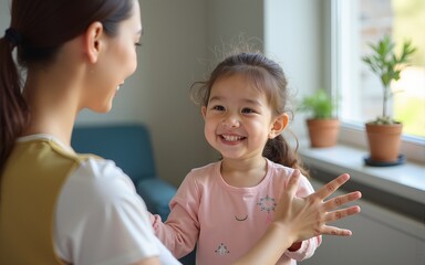 Smiling young Caucasian mom or nanny make hand gesture practice nonverbal talk with little girl child, positive female teacher or tutor learn sign language with small disabled kid, disability concept