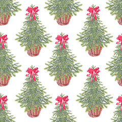 Watercolor seamless pattern with christmas tree in basket and red ribbon bow on white background. Forest evergreen fir or pine for card. Hand-drawn art for new year celebration or wrapping wallpaper