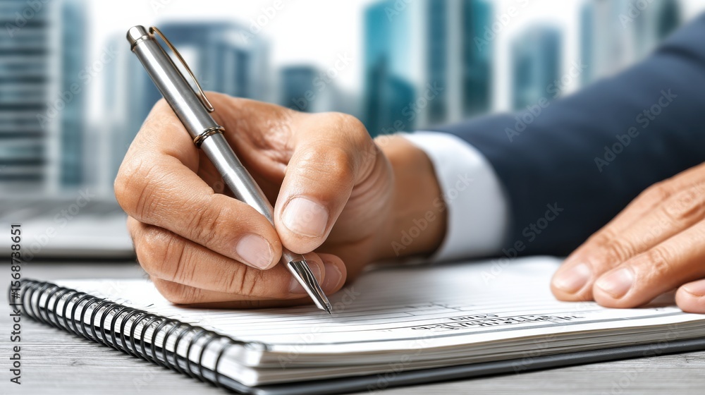 Poster businessman writing in a notebook with a pen on a desk in an office setting