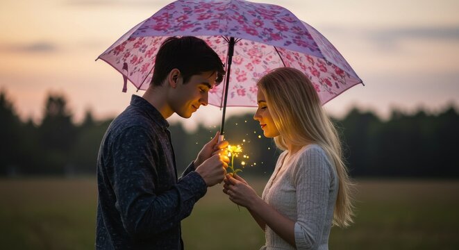 A young couple, side-by-side, share a glowing flower under a patterned umbrella at sunset