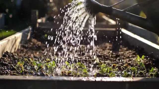 Nurturing New Life: Watering Seedlings in Raised Garden Bed