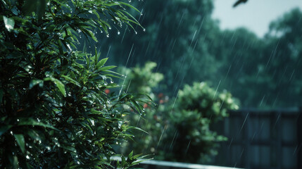 夕立で木々に落ちる雨粒、夏の風景