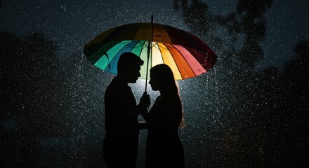 Silhouette of a couple under a colorful umbrella in the rain at night