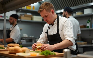 Caucasian man with down syndrome preparing a sandwich in commercial kitchen. High quality