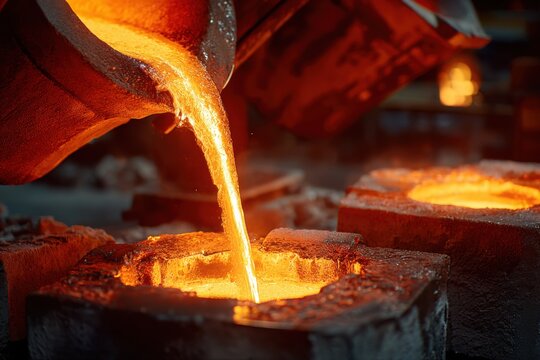 Molten Metal Pouring from Furnace into Molds in Industrial Setting