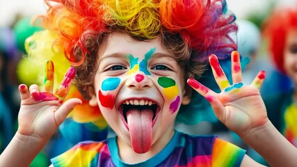 A young boy with curly rainbow hair and colorful face paint smiles widely, showing his tongue. He has painted hands and is surrounded by a festive atmosphere. - Powered by Adobe