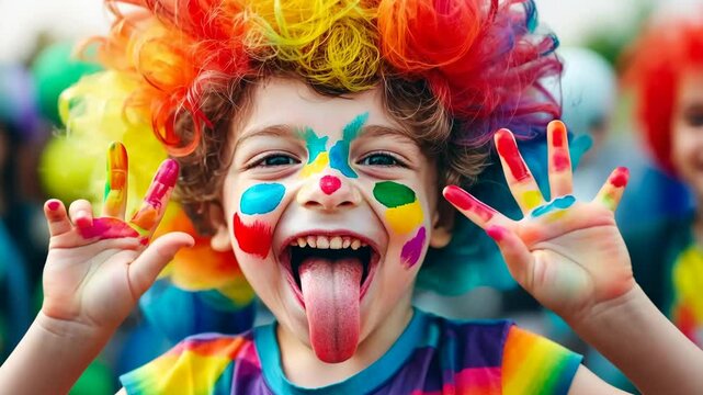 A young boy with curly rainbow hair and colorful face paint smiles widely, showing his tongue. He has painted hands and is surrounded by a festive atmosphere.