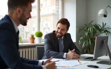 Businessman assisting handicap colleague in creative office. High quality