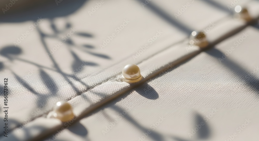 Poster close-up shot of a cream-colored fabric with pearl button details and shadows creating an elegant an