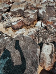 Coastal landscape with rocks, blue sea, and clear sky, featuring an urban skyline in the background. Contrast between nature and city on a sunny, tranquil day.