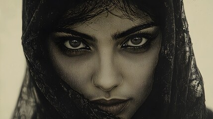 Woman's intense gaze, sepia tones, veiled face