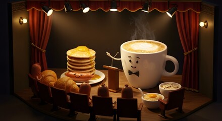 Adorable Breakfast Characters on Stage Pancakes, Coffee, and a Tiny Audience