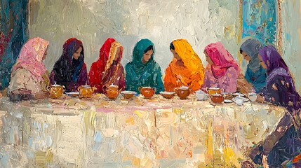 Women in colorful head scarves gather for a meal