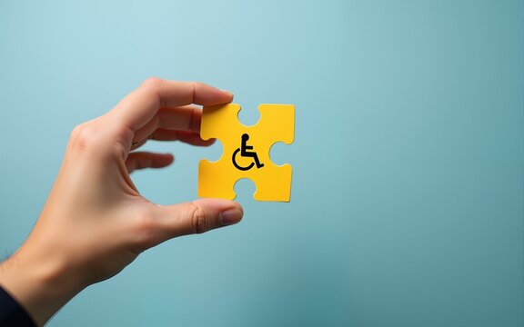 Hand holding puzzle piece with disability symbol. Concept of inclusion in work and society. High quality - Powered by Adobe