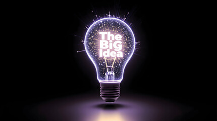 Lightbulb illuminating "The Big Idea" message, glowing on black background, concept art for innovation
