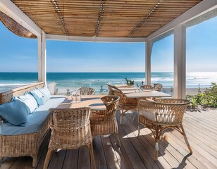Fototapeta premium Sunlit beachside cafe with oceanfront seating and clear skies