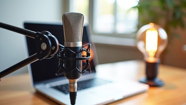 An empty conference room or office meeting space with a microphone on a desk or table, showcasing modern business technology and furniture
