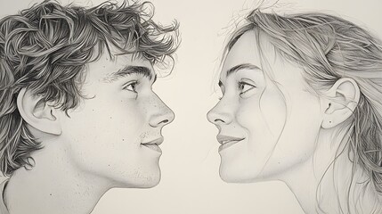 Young couple, profile view, romantic gaze, soft background
