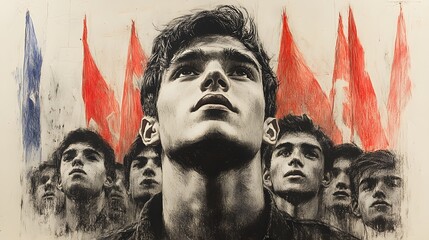 Young man looking upward, surrounded by others, flags
