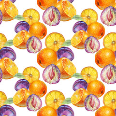 Watercolor seamless pattern with citrus fruit orange slice and purple plum on white background. Christmas food for menu card. Sweet winter or summer clipart for New Year wrapping or wallpaper