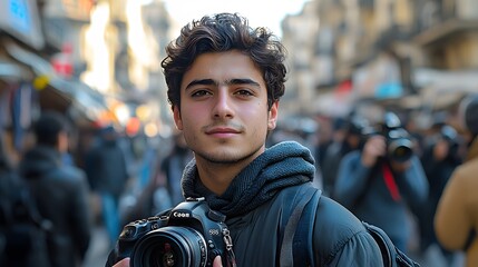 Young photographer in city, DSLR camera, crowd