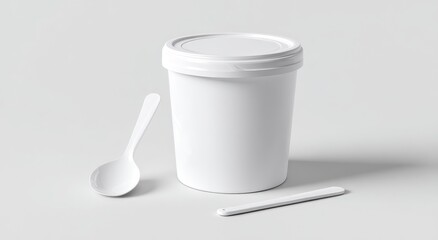 White plastic container, lid, and spoon on plain background