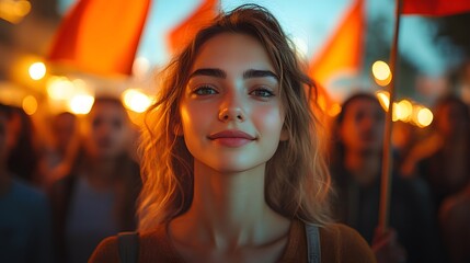Young woman at night protest, city lights blurred