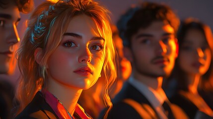 Young woman among peers, warm light, serious expression