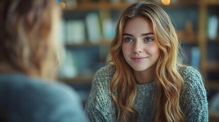 Young woman smiles, cafe conversation, blurred background
